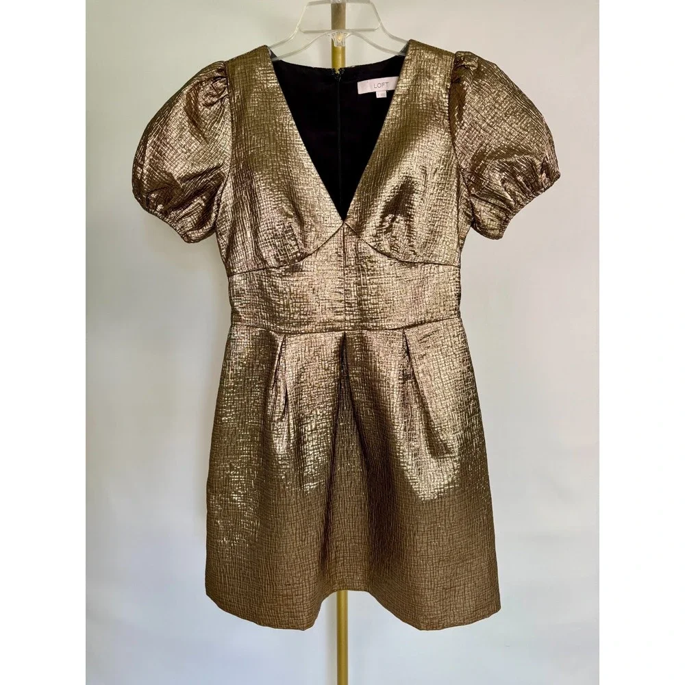 LOFT Metallic Jacquard V-Neck Puff Sleeve Mini Flare Dress Women's Size 2 Gold‎